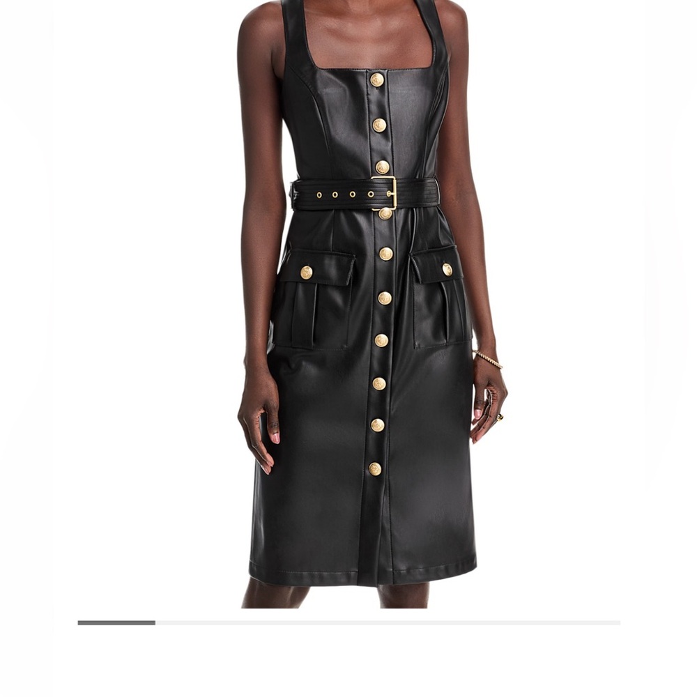 L'AGENCE Black Faux Leather Midi Dress with Gold Buttons